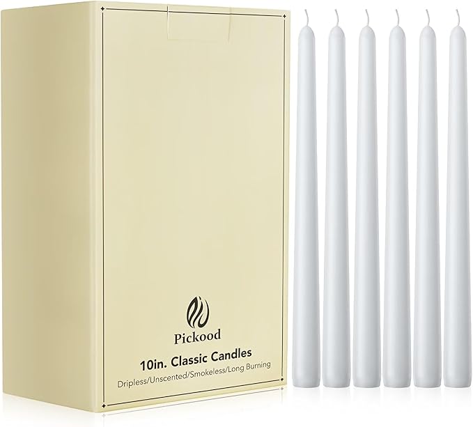 10-Inch Tall Unscented Dripless Taper Candles Bulk 30 Pack - White Taper Candles Bulk, Perfect for Wedding, Dinner - Smokeless, 6-8 Hour Long Burning - Colored Candlesticks Bulk - White