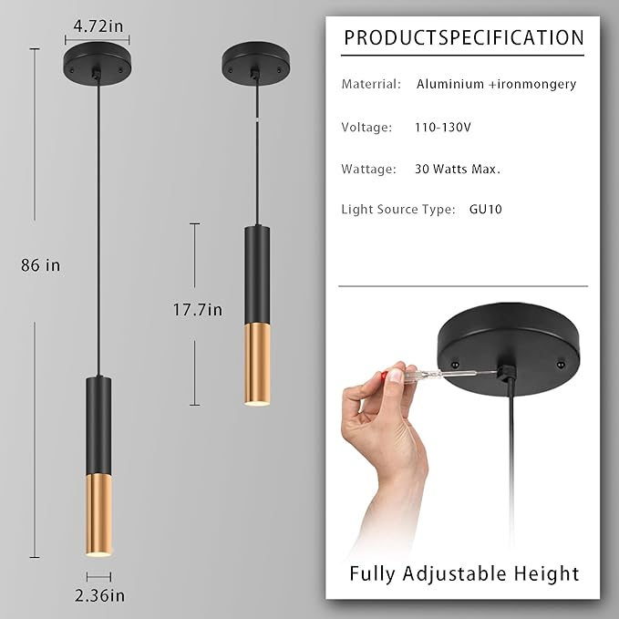 Modern Black Pendant Light Fixture for Kitchen Island, 1-Light Pendant Lighting, Lights Cord Adjustable, Matching GU10 lamp Holder,for Living Room Bedroom Dining Room (Black&Gold-3Pack)