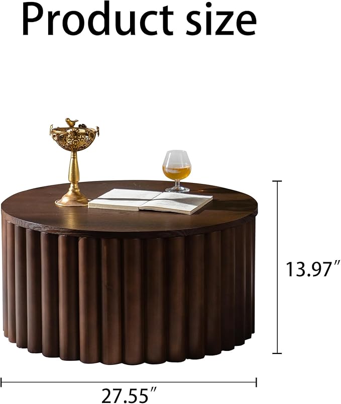 27.56" Round Lift-Top Coffee Table, Modern Fluted Tea Table with Hidden Storage for Living Room, Apartment or Office, Walnut