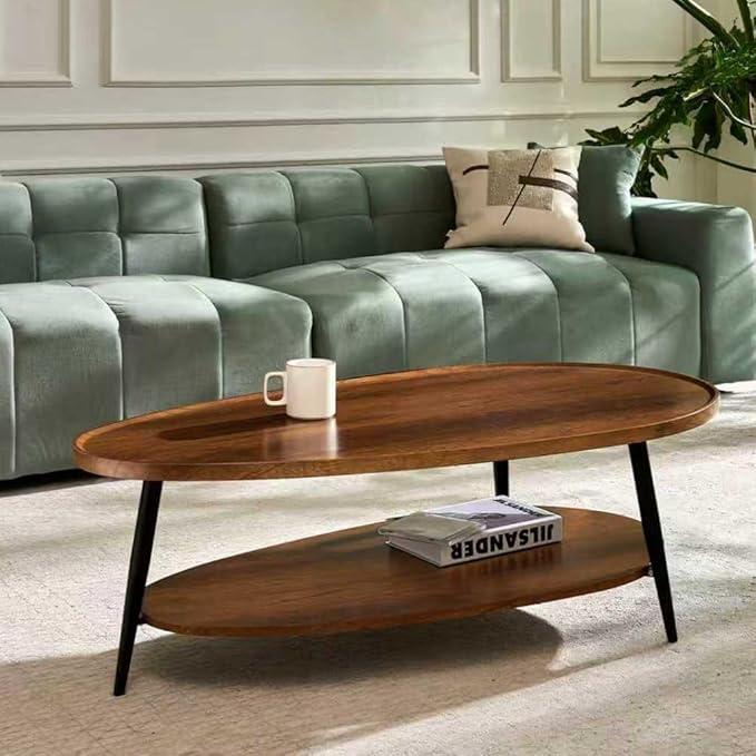 AGV Oval Coffee Table with Storage Shelf, 47" Mid Century Modern Coffee Table for Living Room, Walnut Wood Finish MDF Top with Black Metal Legs