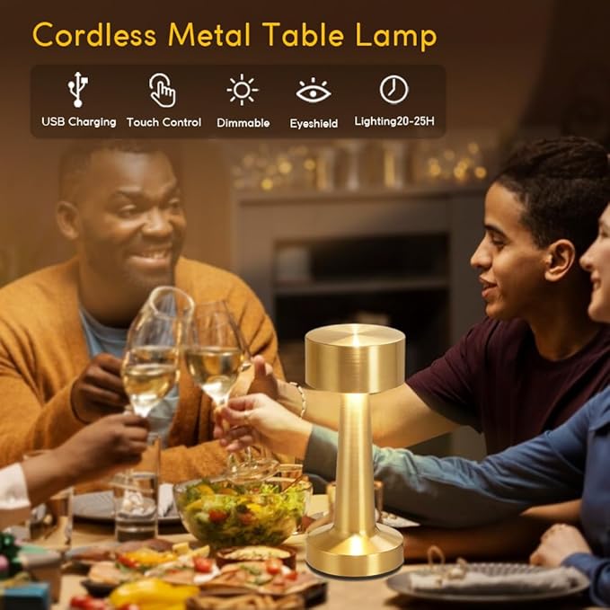 Portable LED Table Lamp, 3-Levels Brightness Metal Desk Lamp,3 Color Touch Control Rechargeable Lamp, Ideal Bedside Lamp for Nightstand,Bedroom, Living Room (Light Gold)