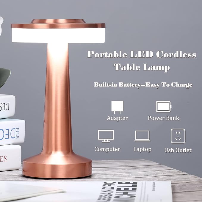 Riakrum 2 Pcs LED Portable Cordless Table Lamp with Touch Sensor 3 Color Stepless Dimming Rechargeable Battery up to 15 Hours Cordless Table Light Wireless Lamp for Nursery (Rose Gold)