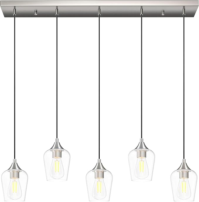 VONLUCE Pendant Lights Kitchen Island, Brushed Nickel Pendant Light Fixtures with E26 Base & Adjustable Cable, Modern Pendant Lighting with Glass Shade for Living Room Bedroom Hallway, 5 Packs