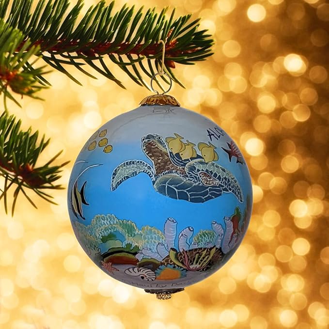 Collectible Glass Hawaiian Ornament with Fish, Corals and Sea Turtle Hand-Painted with Gift Box FCH/H