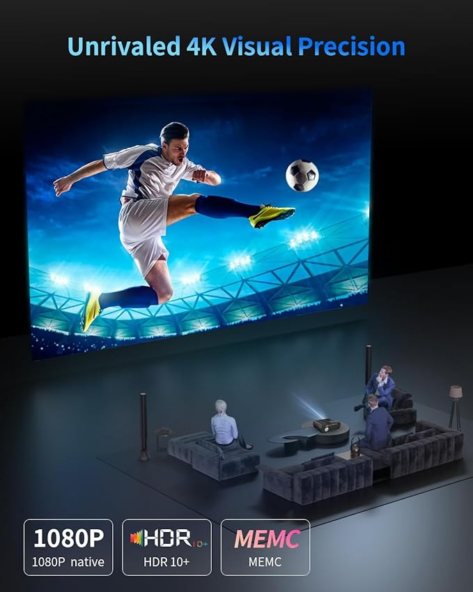 LED 4K Projector with WiFi and Bluetooth, 1800 ANSI Ultra HD Smart Daylight Home Theater Projector Home Cinema, Android TV, DSP audio, 4D keystone Correction, HDR for Gaming, Ceiling, 300" display