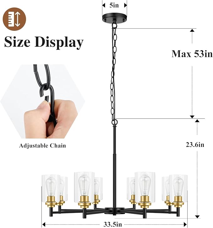 Sucolite 33.5'' 8-Light Chandelier for Dining Room Kitchen Island, Modern Farmhouse Pendant Lighting with Glass Shades Industrial Black Hanging Ceiling Light Fixture for Living Room, Height Adjustable