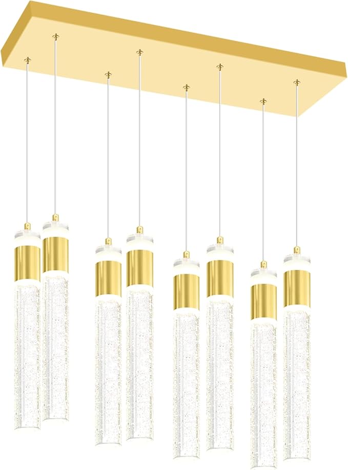8-Lights Gold Hanging Pendant Light for Kitchen Island Modern Dimmable LED Crystal Chandeliers for Dining Room Bedroom Living Room Over Table Adjustable Height