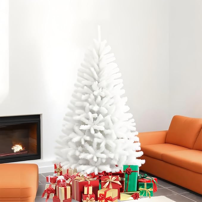 6FT Artificial Christmas Tree, Full Premium Hinged Artificial Pine Tree with 720 Branch Tips Metal Stand for Outdoor & Indoor (White)