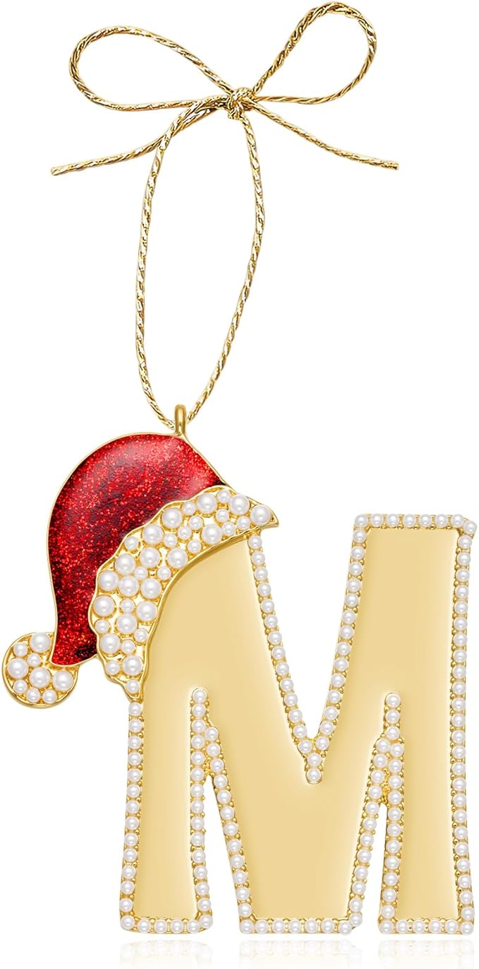 2025 Christmas Initial Ornaments, Letter M Ornaments for Xmas Tree, Red Hat Hanging Ornament for Mother Best Friends Sister Wife