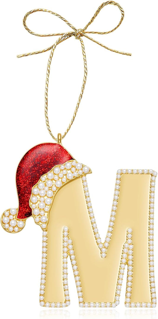 2025 Christmas Initial Ornaments, Letter M Ornaments for Xmas Tree, Red Hat Hanging Ornament for Mother Best Friends Sister Wife