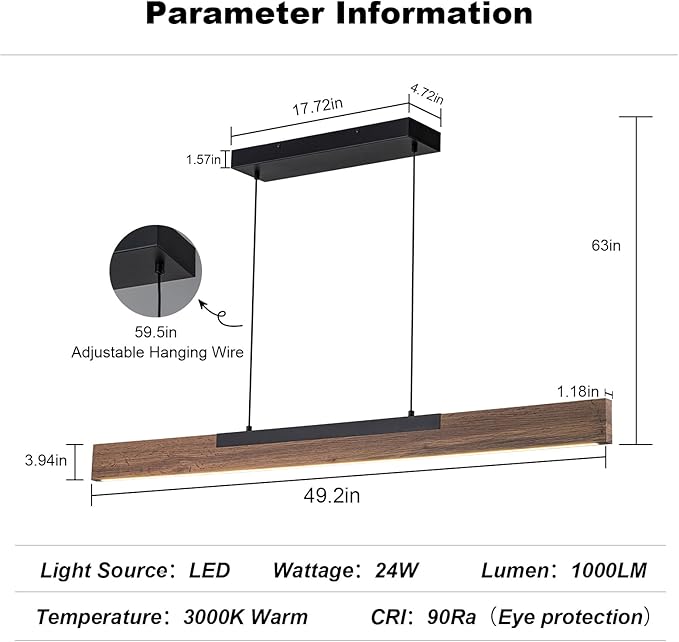EDISLIVE 49.2 in Wood Linear LED Pendant Light Kitchen Island，Dimmable LED Island Light Adjustable Height 3000K for Dining Room - Black Walnut