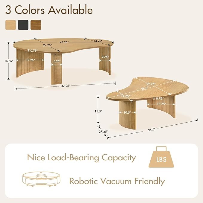 Set of 2 Boho Nesting Coffee Tables with Solid Fluted Wood Legs for Apartment, Oval Irregular Mango Shape Modular Center Tables for Living Room
