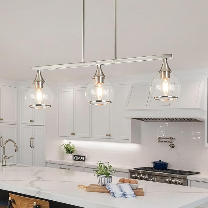 Island Light for Kitchen, 3-Light Brushed Nickel Island Pendant Lighting with Clear Round Glass Shades for Dining Table, Living Room