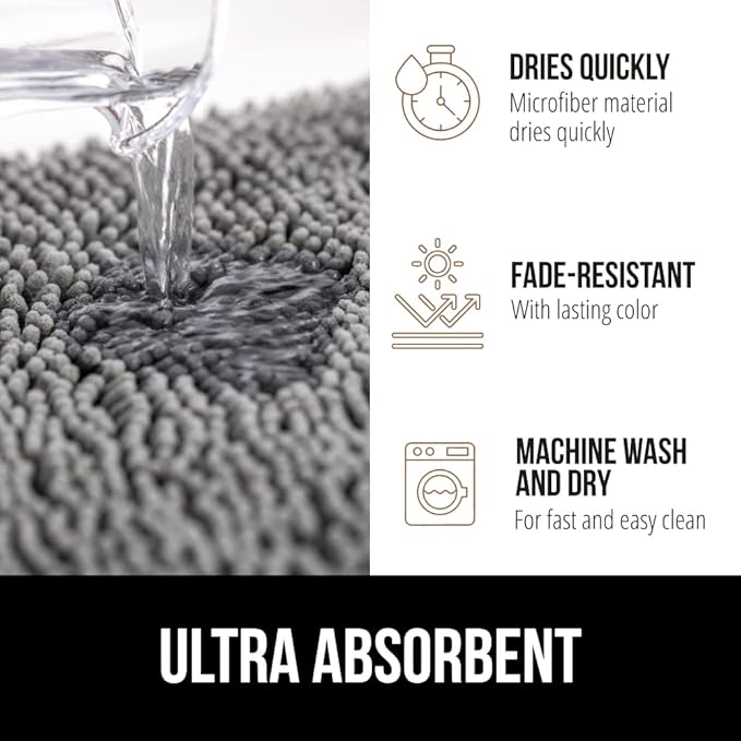 GORILLA GRIP Bath Rug Mat, Thick Soft Absorbent Chenille, Quick Dry Microfiber Mats, Rubber Backing Washable Shower Floor Rugs, US Designed Bathroom Bathmat Home Decor Accessories, 24x17, Grey
