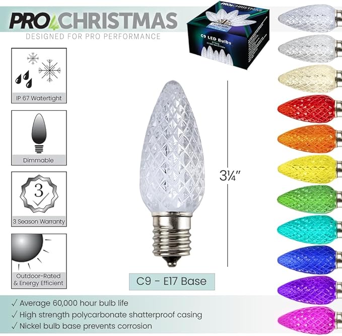 Pro Christmas C9 LED Christmas Light Kit for Rooflines & Pathways – DIY Cut to Length, Outdoor Commercial Grade (White Wire w/Vampire Plugs, 25 Bulbs, 25 ft) Pure White