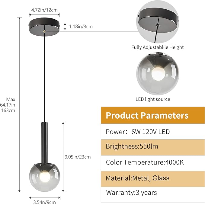 Globe Pendant Lighs for Kitchen Island,Modern LED Black Hanging Light Fixture with Gradient Gray Globe Glass Adjustable Ceiling Lights for Restaurant bar Sink Bathroom Entryway (2-Pack)