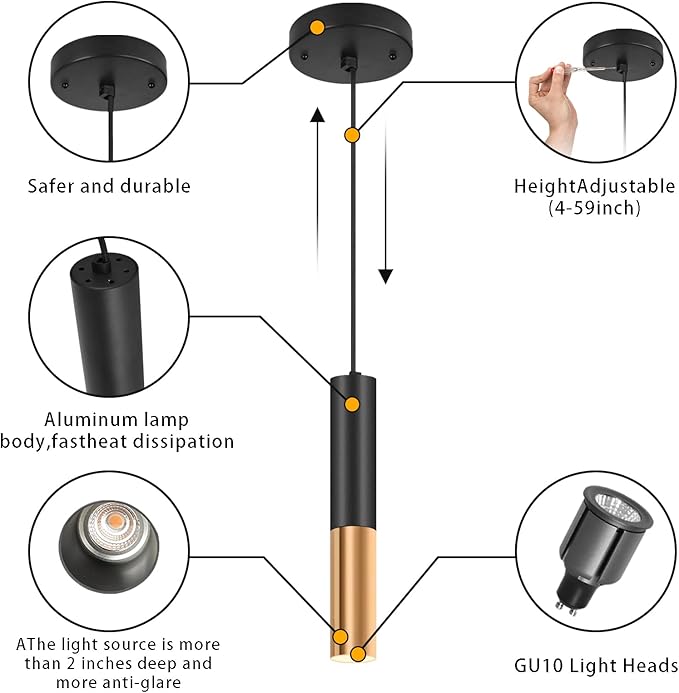 Simple and Modern Black Cylindrical Pendant, 1-Light Chandelier with Adjustable Rope, Matching GU10 Sockets for Living Room, Bedroom and Dining Room (Wide Beam Angle) (2 Pack)