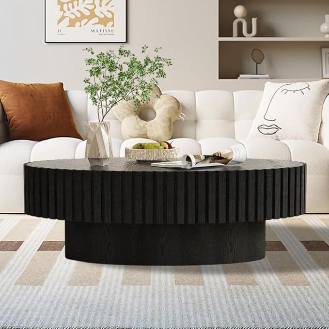 Oval Drum Coffee Table 43.3" Wooden Coffee Tables Modern Handcrafted Fluted Drum Center Table Farmhouse Tea Table with Pedestal for Living Room Small Space,Oval Black 43.3"