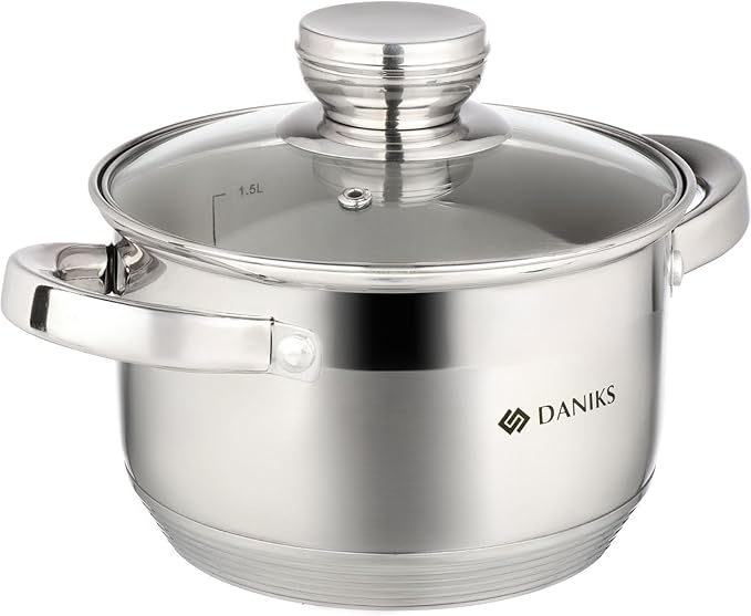 Daniks Standard 2 Quart Stainless Steel Stock Pot with Glass Lid, Try-Ply Bottom for Even Heating, Induction Compatible, Dishwasher Safe, Built-In Measuring Scale, Silver