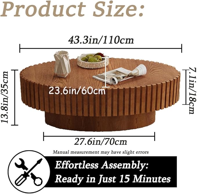 43.3” Oval Coffee Table Modern Fluted Coffee Table Handcrafted Relief Center Table with Sturdy Pedestal Mid Century Modern Center Table Tea Table for Living Room Apartment (Brown)