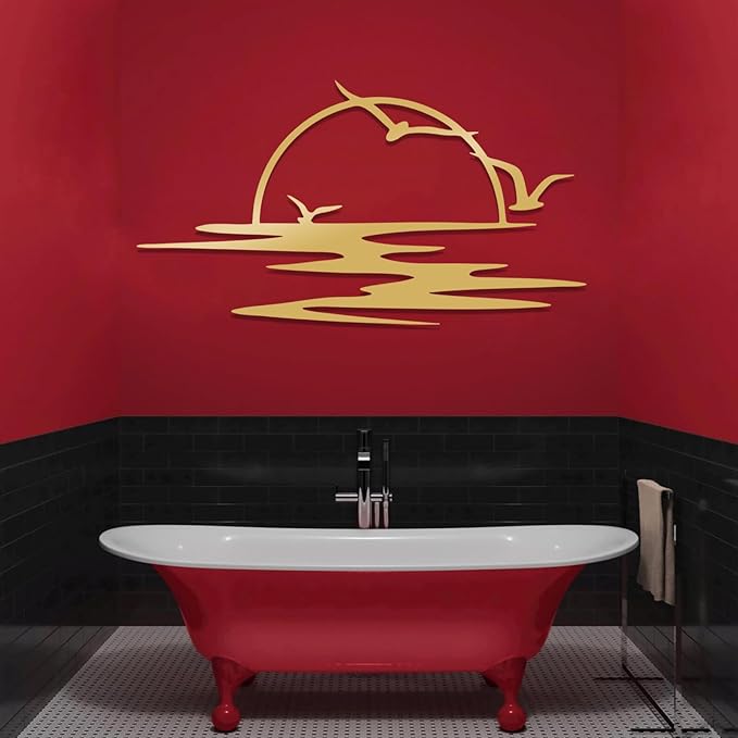 Sunrise Metal Wall Art, Seagulls Sunset Metal Wall Decor, Minimalist Sunshine Line Wall Art, Abstract Sunset Wall Decor, Sunburst Wall Hanging for Living Room (White, 53"x29"/135x73cm)