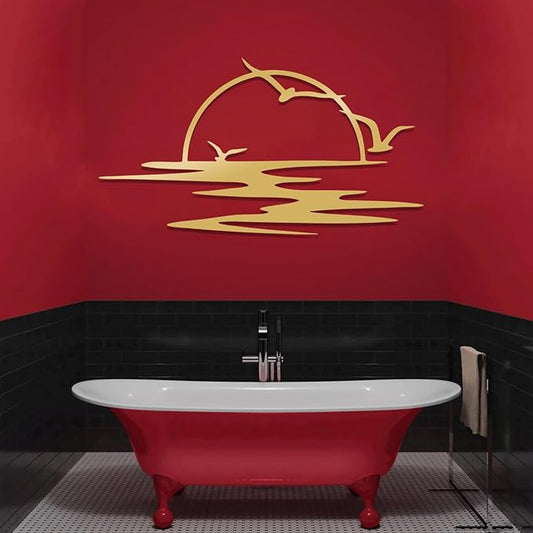 Chaser of Light Sunrise Metal Wall Art, Seagulls Sunset Metal Wall Decor, Minimalist Sunshine Line Wall Art, Abstract Sunset Wall Decor, Sunburst Wall Hanging for Living Room (Gold, 48"x26"/121x66cm)