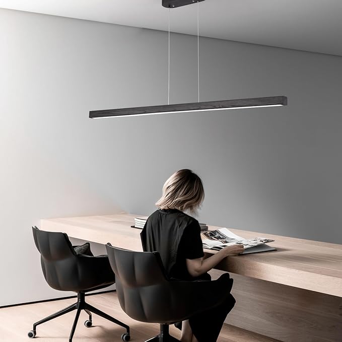 Black Wood Linear Pendant Light – Dimmable LED Chandelier with Remote, Modern Minimalist Lighting for Kitchen Islands, Dining Rooms & Pool Tables (Energy-Efficient 19W)
