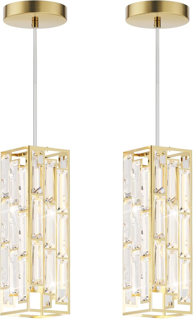 Brass Pendant Lights Modern Pendant Light Fixture, Mini Crystal Pendant Ceiling Light, Pendant Light for Kitchen Island, Dinning Room, Bedroom, Kitchen Sink Lighting (2-Pack)