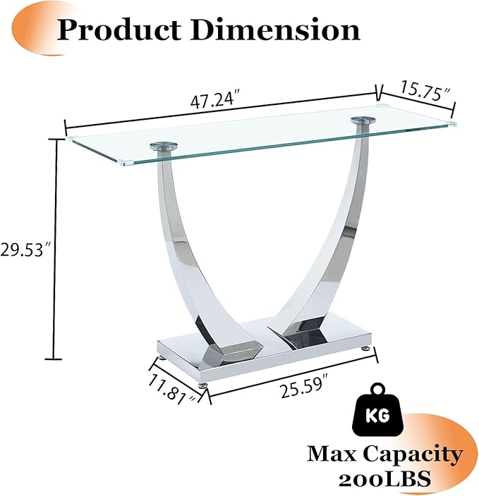 47" Glass Console Table, Modern Rectangular Sofa Table with Tempered Glass Top and Silver Horn-Shaped Stainless Steel Base for Living Room, Entryway, Hallway