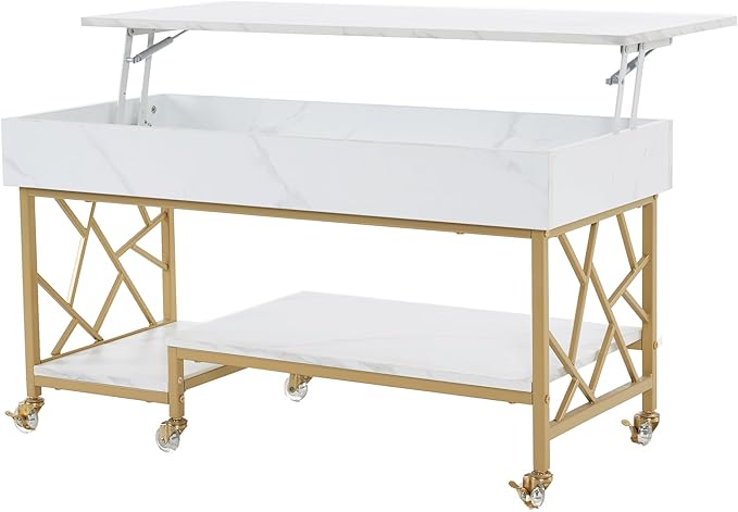 ivinta Lift Top Coffee Table with Storage, Modern Center Table with Lockable Crystal Wheels and Hidden Compartment for Living Room Home Office 1150 (White and Gold)