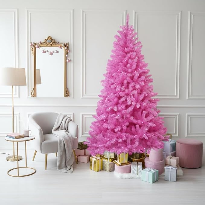 YULETIME 6.5 Feet Pre-Lit Pink Christmas Tree, Artificial Holiday Decorative Tree with UL Listed 300 Pink LED Christmas Lights with Matching Color Wire