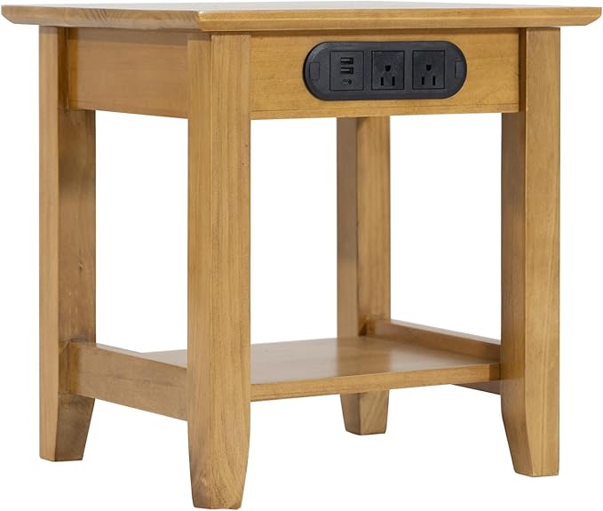 KAWIND Home Solid Wood End Table with Charging Station Compact Side Table with 2 USB Ports & 2 AC Outlets Light Walnut Ideal for Living Rooms & Bedroom Light Assembly
