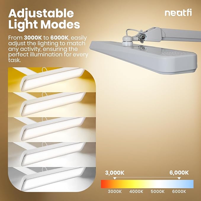 Neatfi (New Model) XL 2,500 Lumens LED Task Lamp, 5 Light Modes, 3000-6000K Correlated Color Temperature, 30W, Dimmable, 324 Pcs SMD LED, Desk Light for Home, Office (CCT with Base, White)