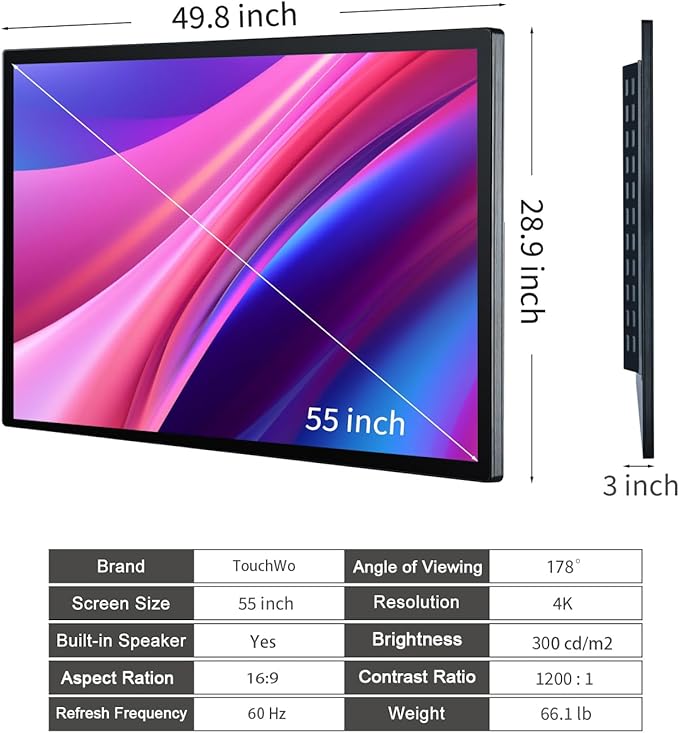 55" Interactive Touchscreen Monitor, Smart Board 4K Display with Wall Mount, Android 14 Smart Touch Screen Presentation Electronic Whiteboard for Office & Classroom, RAM 8G & ROM 128G