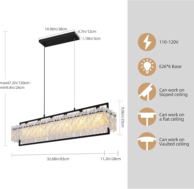 MantoLite Luxe Dining Room Light Fixture Farmhouse Crystal Chandeliers for Dining Room 32" Matte Black Rectangle Design 6-Light Banquet Pendant Light E12 3000K-6000K Compact for