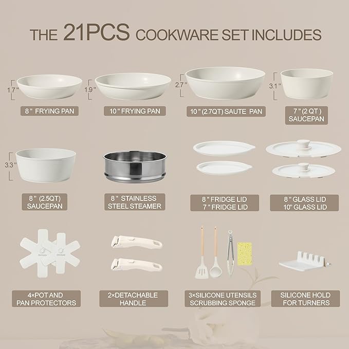 Nonstick Ceramic Cookware Set 21PCS with Detachable Handle, Pans and Pots Set, RV Kitchen Set Cookware Set, with Removable Handles, Oven Safe, Induction Ready, Stackable Non-stick Set