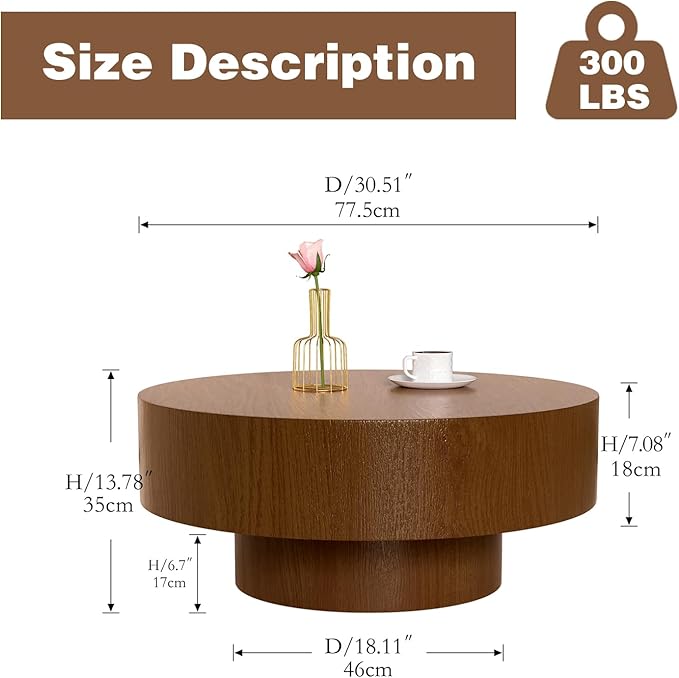 30.5" Round Drum Coffee Table Modern Unique Coffee Table Center Tea Tables Mid Century Coffee Tables for Living Room Apartment Office (30.5in)