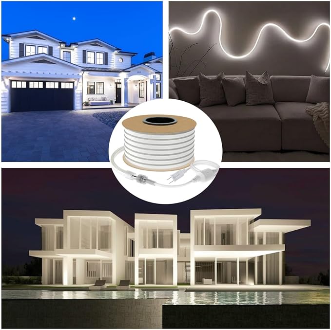 LED Neon Rope Light 65.6ft, Connectable & Cuttable 6000K Daylight Neon Strip, IP65 Waterproof Indoor/Outdoor Lighting for Home & Commercial Use, ETL Listed 120V, Uniform Glow