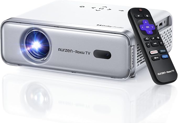 Aurzen Roku TV Smart Projector with Wifi and Bluetooth, Roku Streaming Experience Built-in, 1080P FHD, Dolby Audio, Auto Focus & Keystone, Zoom, Movie Portable Outdoor Mini Projector, Silver