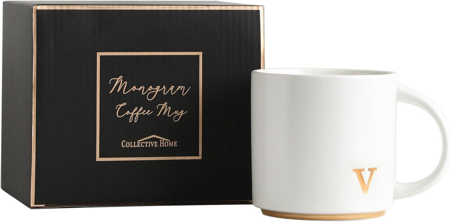 COLLECTIVE HOME - Monogram Ceramic Mugs, 15 oz Golden Initial Coffee Cups, Elegant Alphabet Tea Mugs, Elegant Personalized Mug with Gift Box, Luxurious Cups for Office and Home (v)
