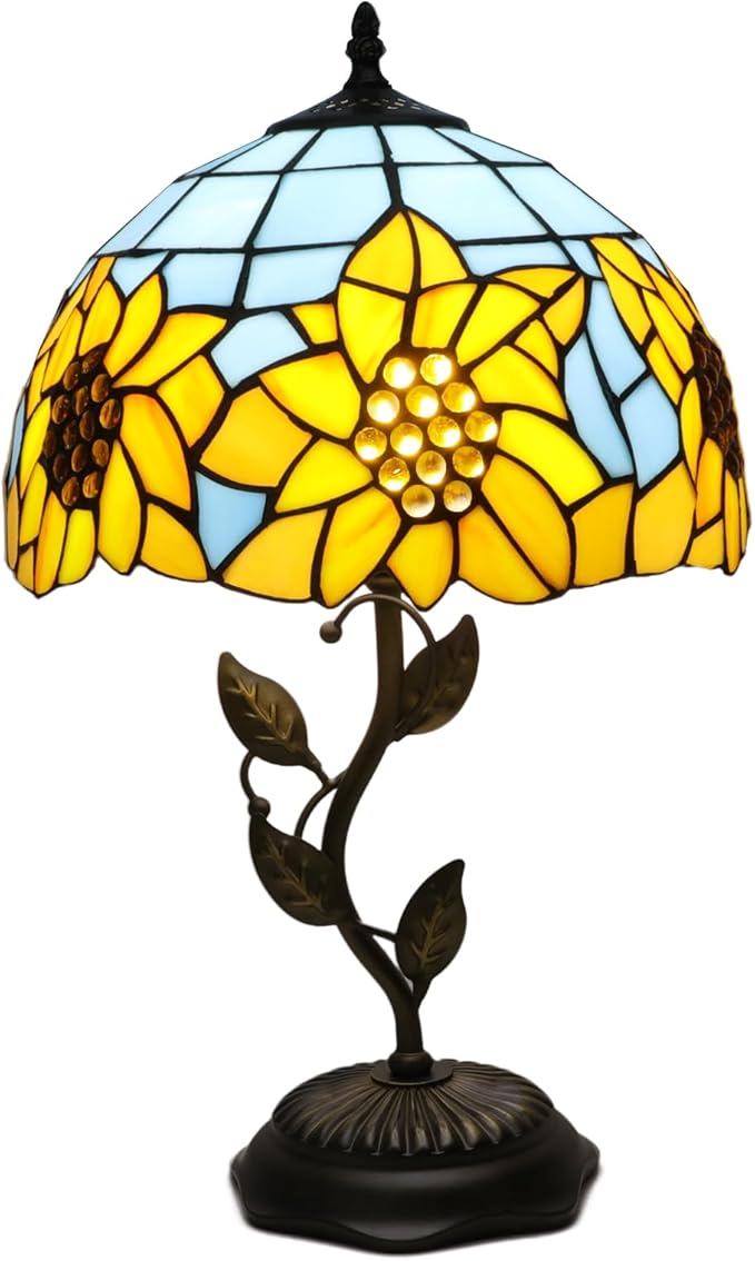 Stained Glass Table Lamp, Sunflower Style Lampshade Metal Leaf Base Desk Reading Light 12X12X19 Inches Decor for Bedroom Living Room Office