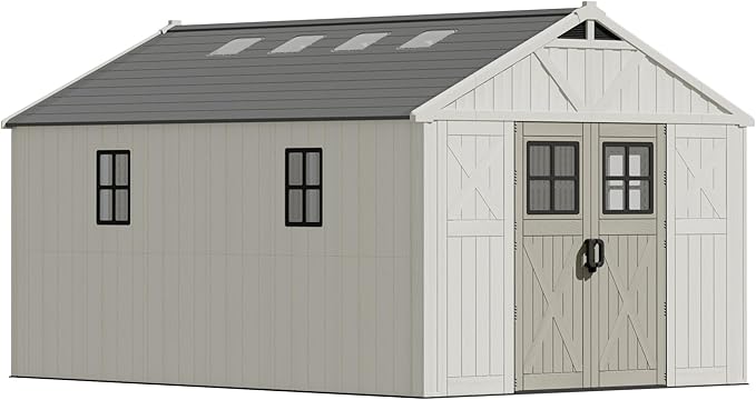 Devoko 10x14 FT Resin Outdoor Storage Shed with Floor, Plastic Tool Garden Shed with Windows & Lockable Door, Outside Large Storage Shed for Patio Backyard Lawn, Beige