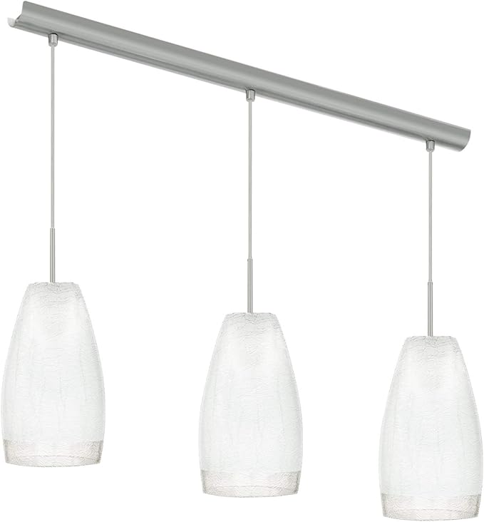 EGLO Crash 3-Light Pendant Hanging Lighting Fixture with Crackle Glass Shades for Kitchen Island, Hallway, and Dining Room, 59-Inch, Matte Nickel