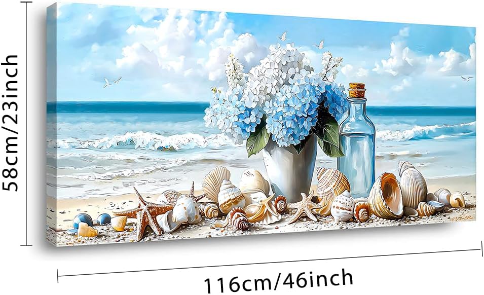LASMOND Romantic Beach Wall Art for Living Room Blue Shells Conch Vase Canvas Prints Modern Large Flower Bottle Bedroom Ocean Artwork Decor (46x23 Inches)