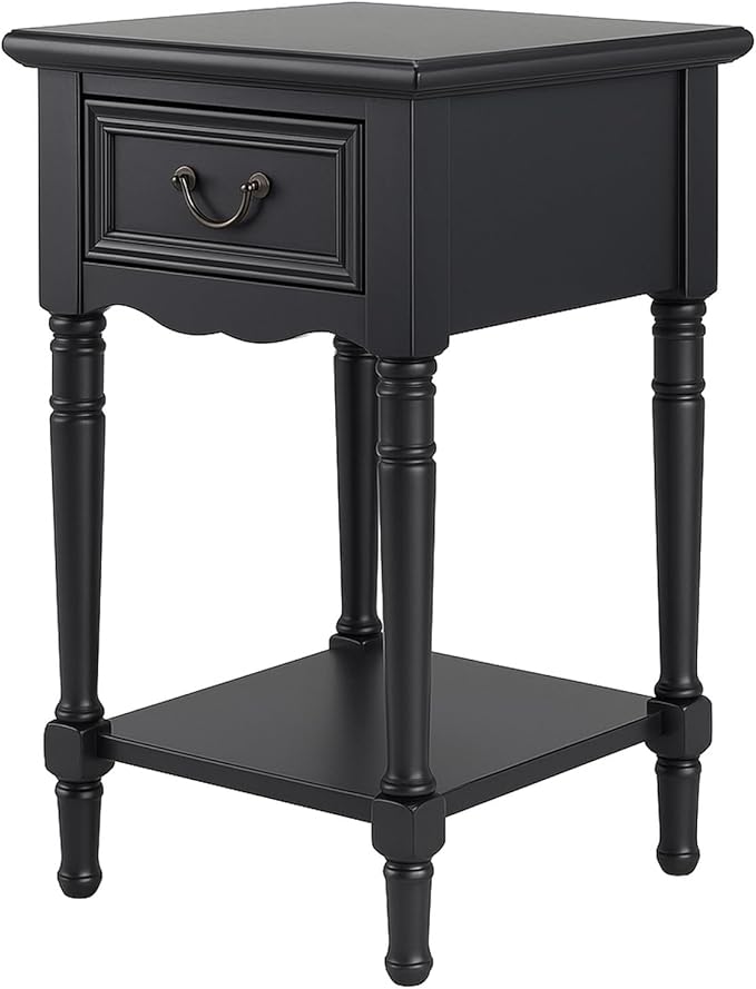 Urban Designs Wooden Accent Table/Nightstand with Drawer and Bottom Shelf – 29" H, 16" L x 16" W - Black