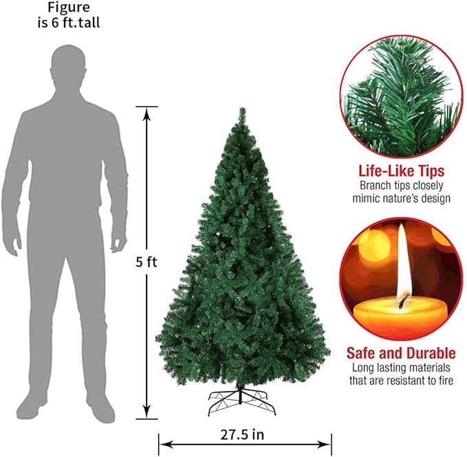 PLKO 5FT Artificial Holiday Christmas Tree，Artificial Christmas Tree Xmas Pine Tree with Stand and Soft White Branch for Holiday Indoor Outdoor,450Tips(Green)