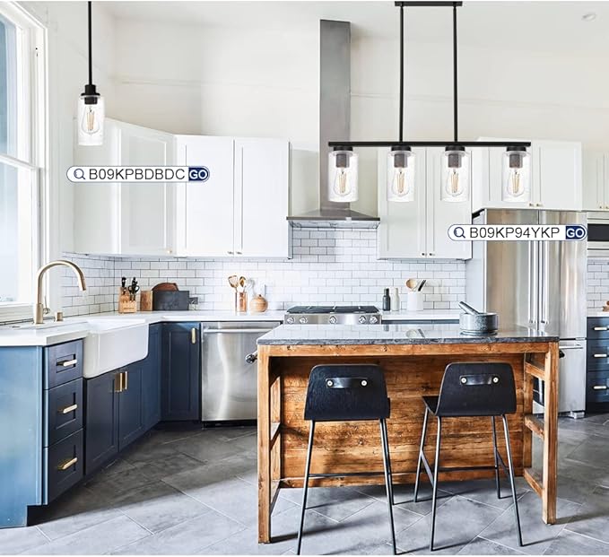 TODOLUZ Black Kitchen Island Light with Seeded Glass Shade, 4-Lights Farmhouse Chandelier Ceiling Pendant Lighting Fixture for Dining Room
