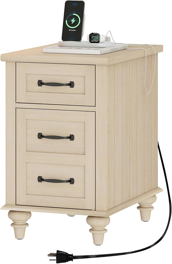 WAMPAT Beige End Table with Charging Station, Narrow Side Table with 1 Drawer &1 Storage Cabinet, Mid Century Modern Nightstand with Power Outlets & USB Ports for Living Room, Bedroom