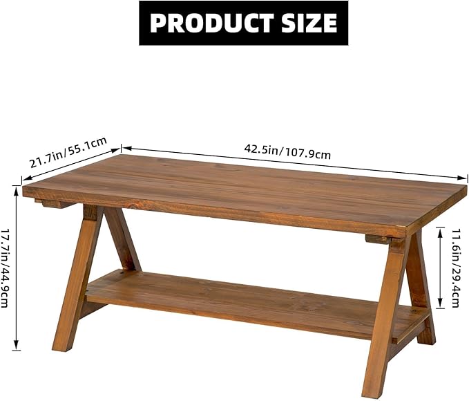 Farmhouse Coffee Table for Living Room, 2-Tier Solid Wood Coffee Table, Rustic Rectangular with Storage Open Shelf, Natural