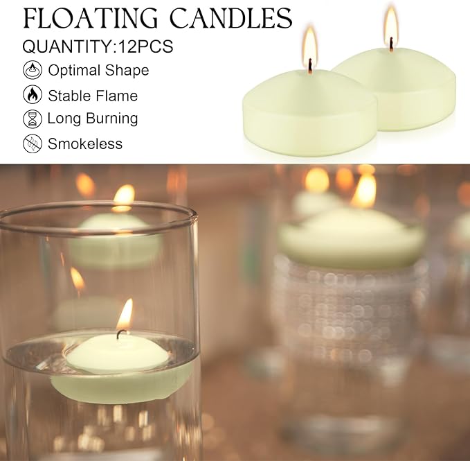 12-Pack 3" Ivory Premium Floating Candles – Long-Lasting, Smokeless – Perfect for Weddings, Pool Parties, Spa Ambiance & Decor